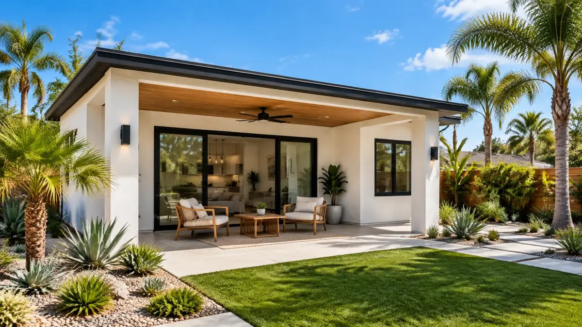 New detached accessory dwelling unit in a landscaped backyard