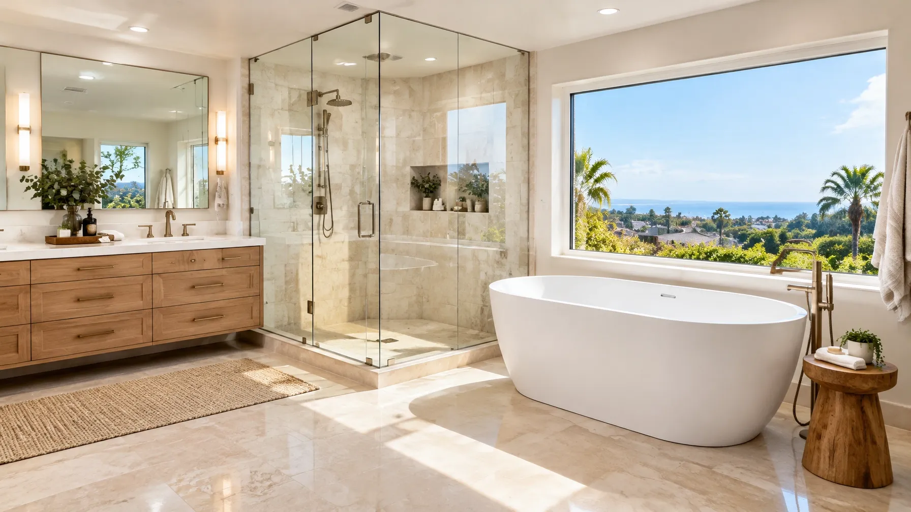 Renovated bathroom with a glass walk-in shower and soaking tub